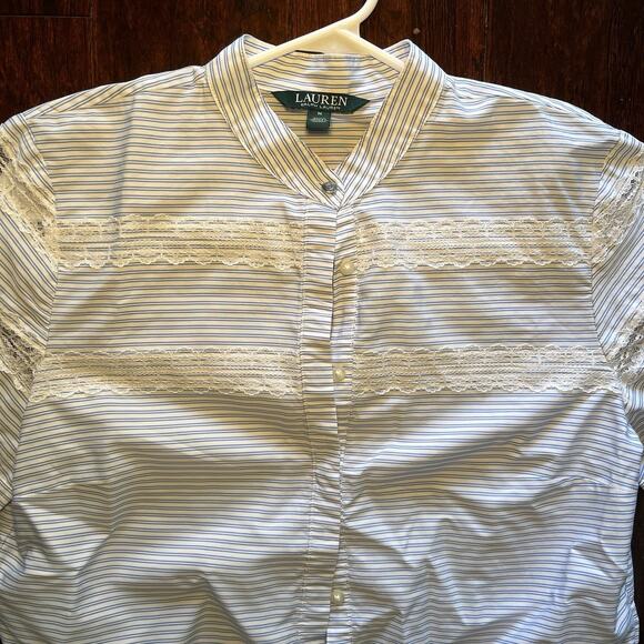 Ralph Lauren Striped Shirt Women Button Up White & Light Blue With Lace M -EUC - Picture 1 of 10